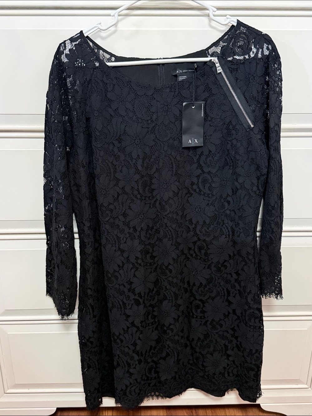 Armani Exchange Black Floral Lace Long-Sleeve Shift Dress